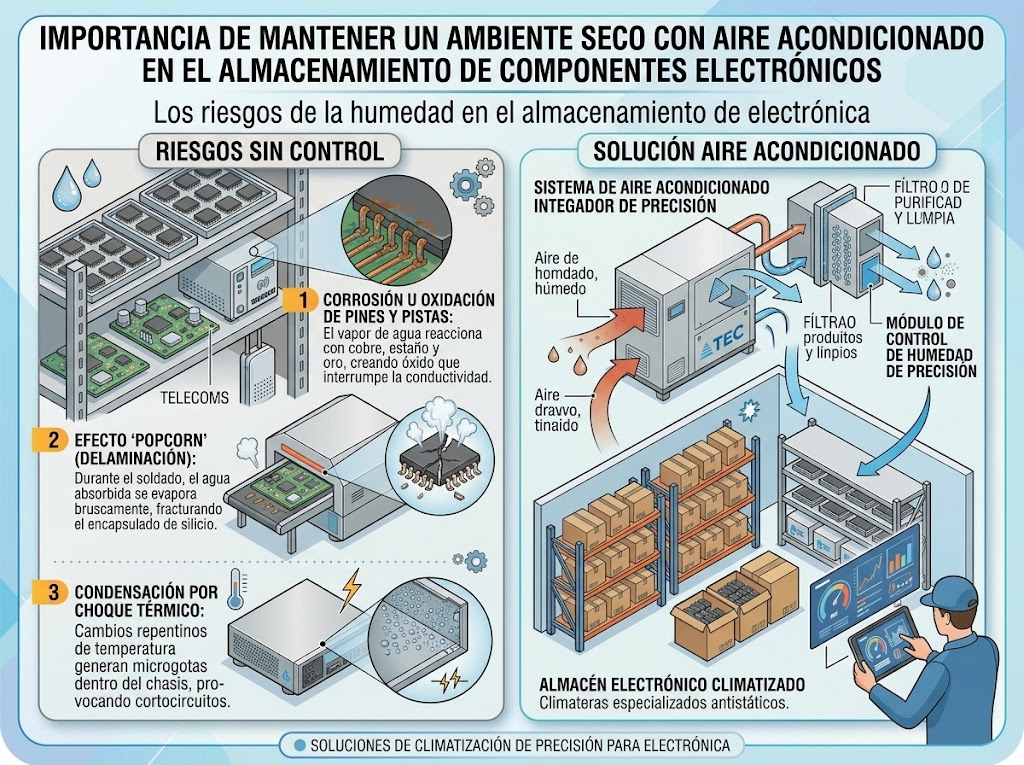 Importancia de mantener un ambiente seco con aire acondicionado en el almacenamiento de componentes electrónicos